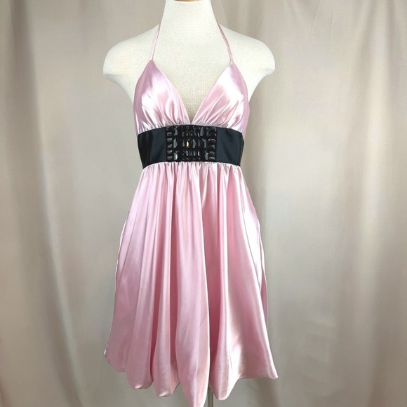 Jessica McClintock Dresses & Skirts - JESSICA McCLINTOCK (8) Pink Satin Halter Dress Pockets Y2K Party Prom‎ Cocktail